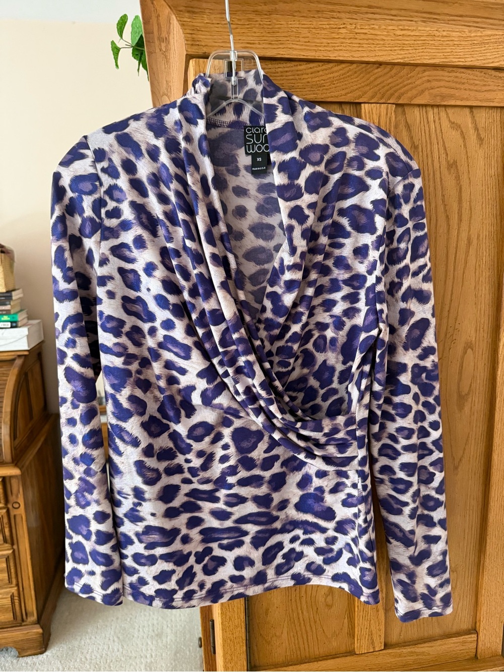 CLARA SUNWOO Purple Leopard Print Long Sleeve Ruched Top